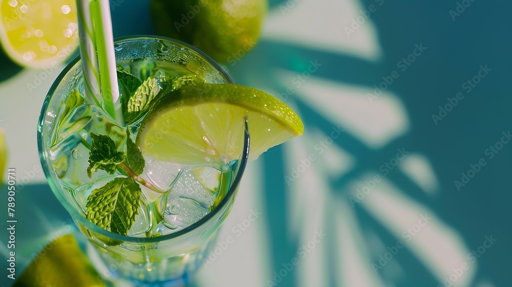 Poster caipirinha mojito cocktail vodka or soda drink with lime mint and straw on table background refreshi