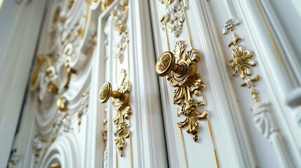 Closeup of white baroque doors with classic golden handles and ornaments Beauty in detailsBeautiful...