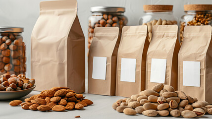 Eco Friendly Packaging with Almonds and Walnuts on Neutral white Background.