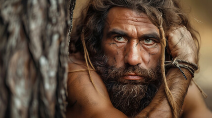 Portrait Neanderthalensis contemplative primitive Man with natural Backdrop, sunset light.