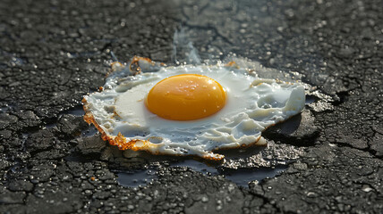 Egg Fried on Asphalt, Sunny Side Up. Anomaly Summer Heatwave Concept, climate change.