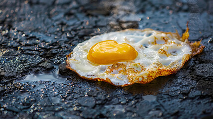 Egg Fried on Asphalt, Sunny Side Up. Anomaly Summer Heatwave Concept, climate change.