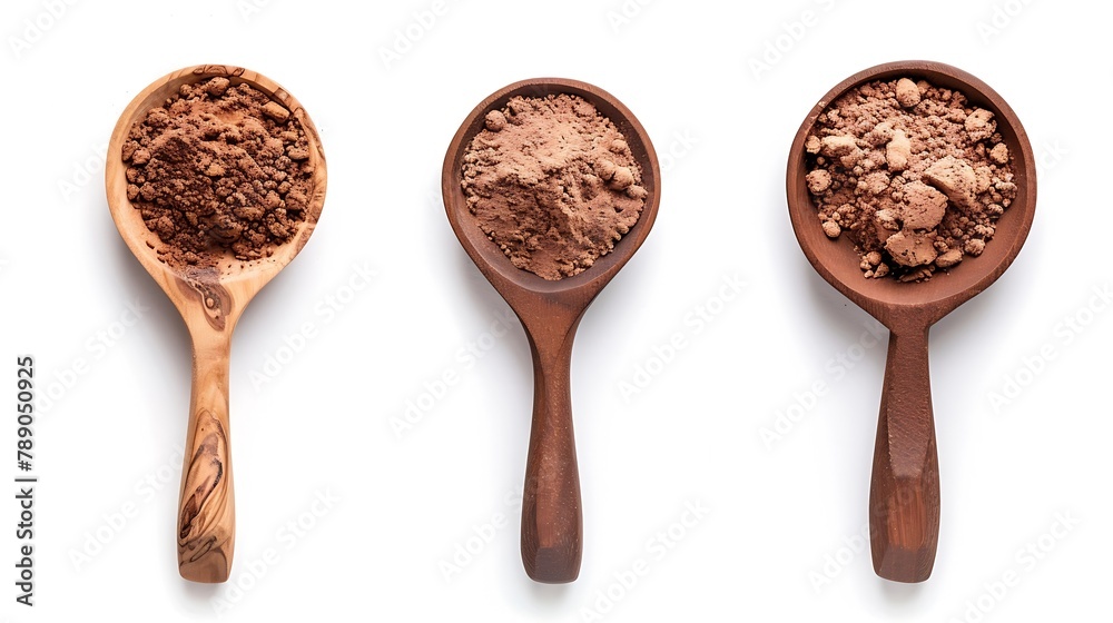 Poster Cocoa drink and cocoa powder in wooden spoon isolated on white background Top view Flat lay : Generative AI
