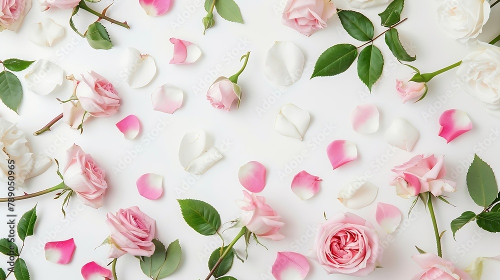 Poster flat lay frame with pink and white roses branches leaves and petals isolated on white background top