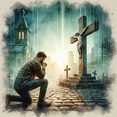 Man kneeling and praying in front of the cross. Digital watercolor painting - obrazy, fototapety, plakaty
