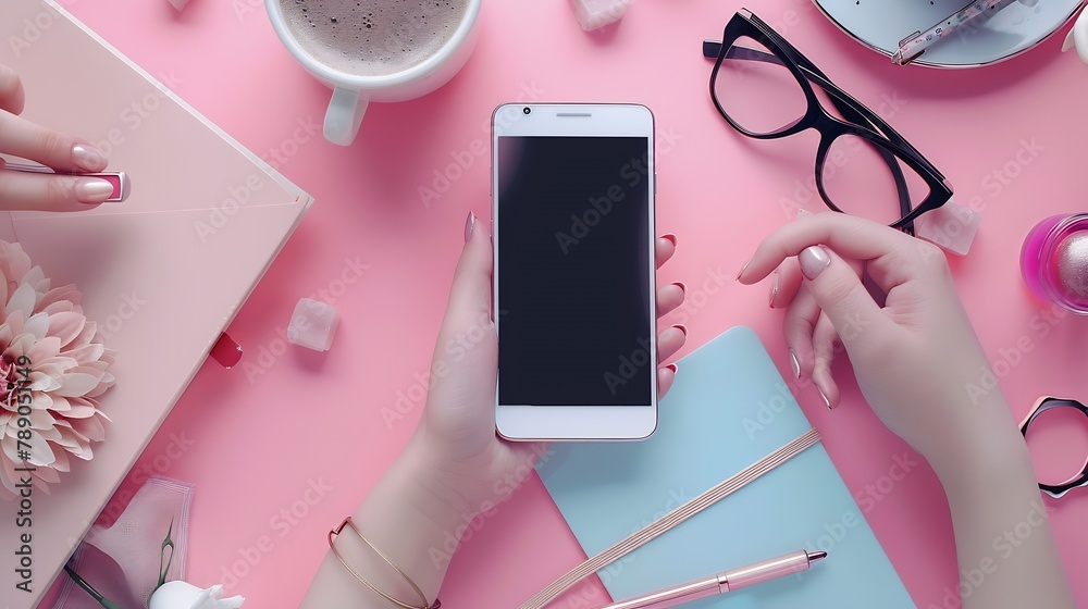 Poster close up feminine workspace with smartphone in female hands latte ice notebook spectacles nail polis