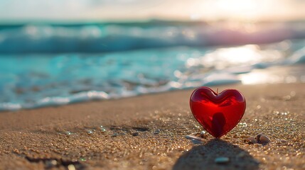 Fototapeta premium Valentines day concept greeting card red heart on pristine sandy beach honeymoon vacation background