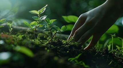 Fototapeta premium Closeup of Human Hand Grabbing Vegetation and Soil in Nature Concept of Loving Nature : Generative AI