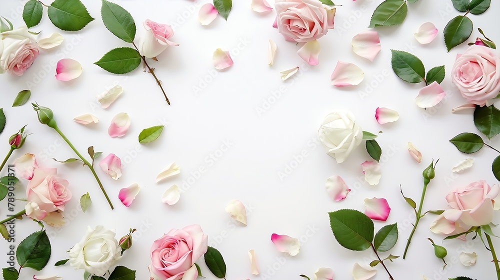 Poster flat lay frame with pink and white roses branches leaves and petals isolated on white background top view : Generative AI