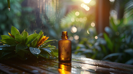 A bottle of essential oil is sitting on a table next to a plant - obrazy, fototapety, plakaty