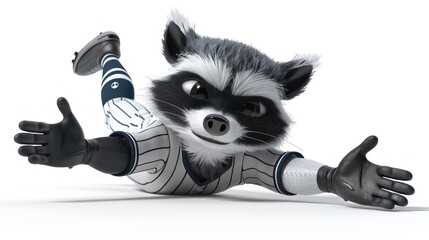 A raccoon wearing a baseball uniform is falling to the ground