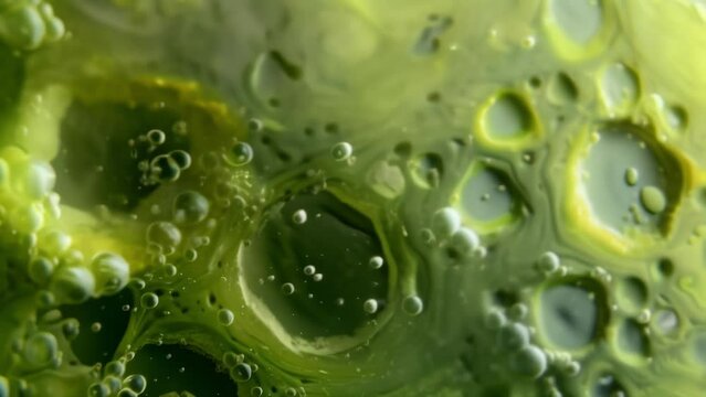 A microscopic view of a harmful algal bloom revealing the presence of toxins and pollutants within the algae cells representing the . AI generation.