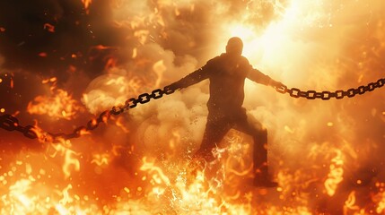 A man is breaking free from chains while surrounded by fire.

 - obrazy, fototapety, plakaty