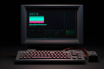 Vintage 1980s personal desktop computer with screen and keyboard in pink and purple,  generated by AI. 3D illustration