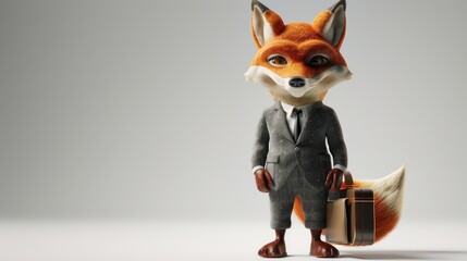 A fox is dressed in a suit and tie and holding a briefcase - obrazy, fototapety, plakaty
