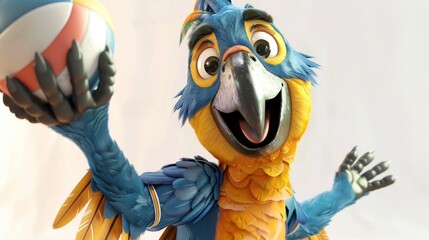 A cartoon bird is holding a volleyball and smiling