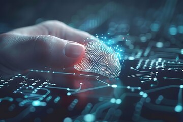 Fingerprint Scanner Enhancing Transaction Security and Cybersecurity Fingerprint scanning technology ensures robust security measures, safeguarding transactions and bolstering cybersecurity protocols. - obrazy, fototapety, plakaty