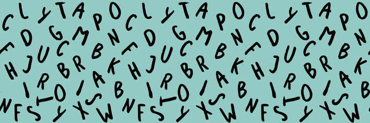 template with the image of keyboard symbols. set of letters. Surface template. pastel green blue background. Horizontal image. Banner for insertion into site.