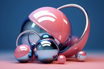 3d illustration of a   pink metal  spheres on a  blue    background. Digital metaball background ,   generated by AI.