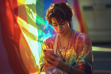  Young beautiful man using cell phone with a rainbow flag on a background