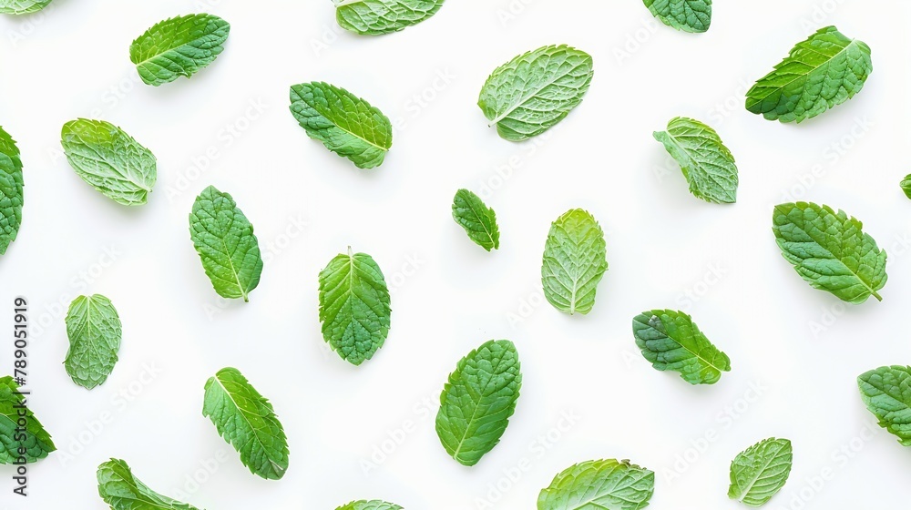Poster Mint leaves pattern isolated on white background  top view  flat lay : Generative AI