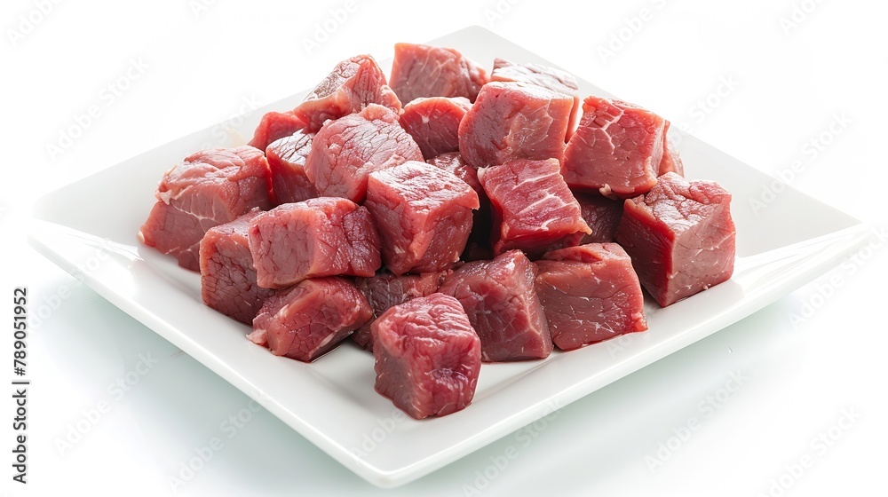 Poster the beef is cut into cubes and placed on a white plate isolated on white : generative ai