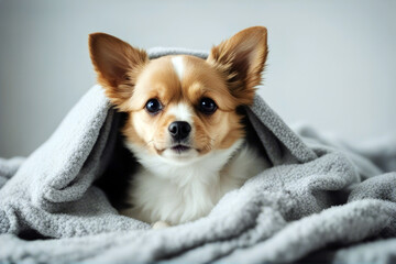 White looking cute concept young portrait covering background him camera cold dog blanket small grey light comfortable intelligent pet sweet fun domestic adorable