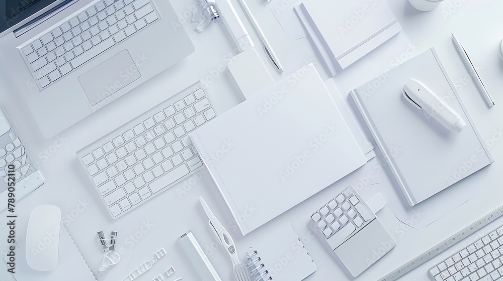 Aufkleber White office desk table with blank notebook computer keyboard and other office supplies Top view with copy space flat lay : Generative AI