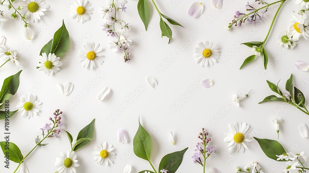 Aufkleber frame with chamomiles branches leaves and lilac petals isolated on white background flat lay overhead view : Generative AI