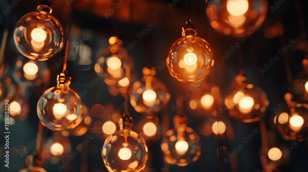 Poster classic sphere lighting bulbs are glowing in orange warming shade there are hanging from ceiling in 