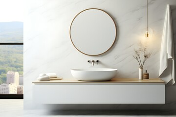 Interior of light bathroom with counters, sink and mirror,  generated by AI, 3D illustration
