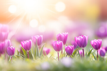 Spring crocus flowers. Purple flowers, soft focus in sunlight, banner.  