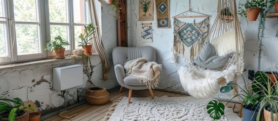 White furry bench and gray chair in a bohemian bedroom setting featuring a hammock, plants, and posters.