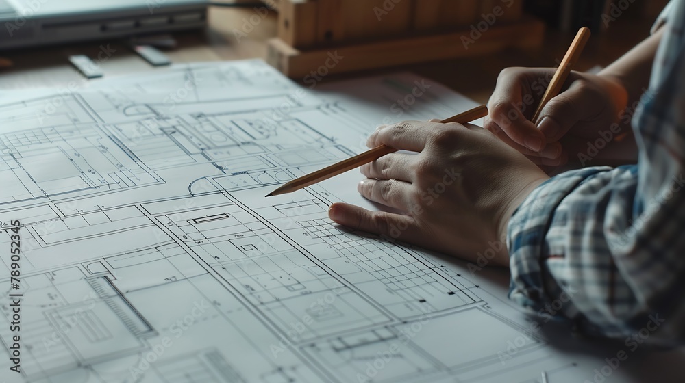 Poster a closeup an architect a house designer holding a pencil pointing to a house plan to examine the des