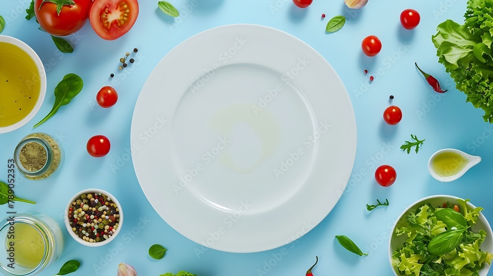 Aufkleber fresh delicious salad and dressing ingredients around empty white plate on light blue background top