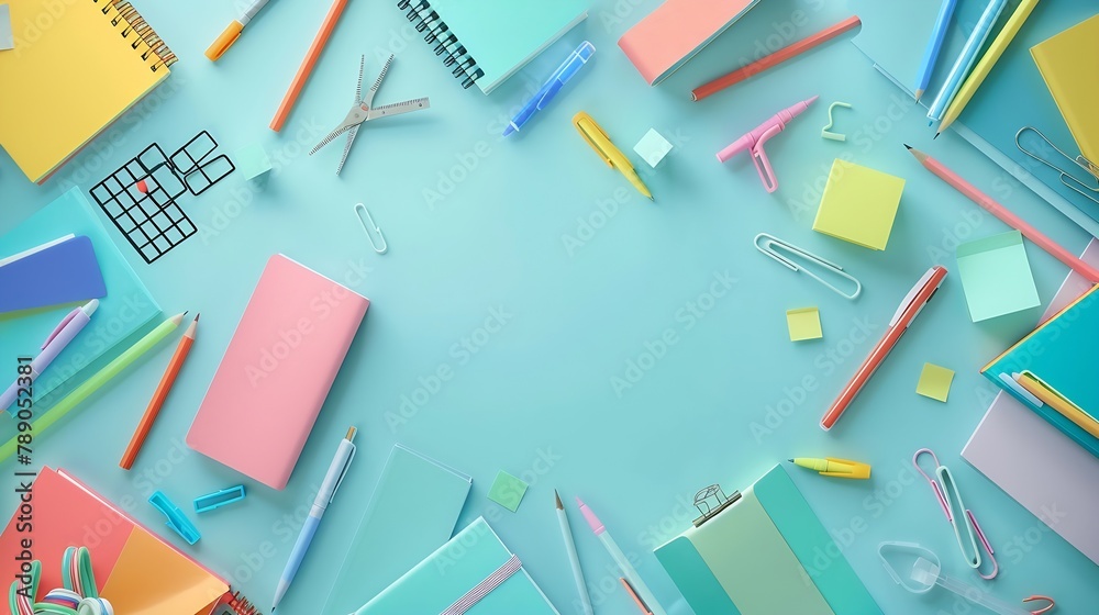 Aufkleber back to school background flat lay top view of colorful scattered stationery on isolated pastel blue