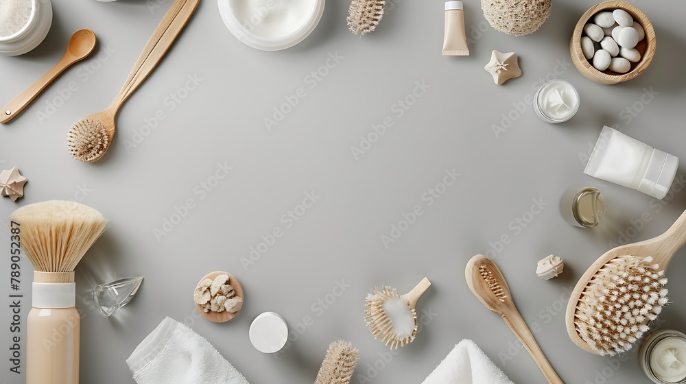 Poster various spa related objects on gray background top view body and skin care flat lay with copy space 