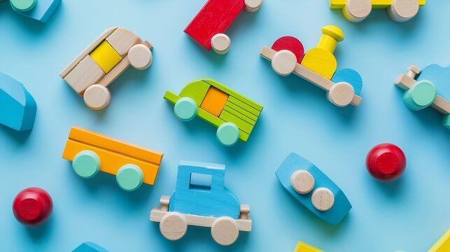 Baby kids toys background Wooden train colorful natural wood educational toys on light blue background Montessori ecofriendly toys for children Top view flat lay : Generative AI