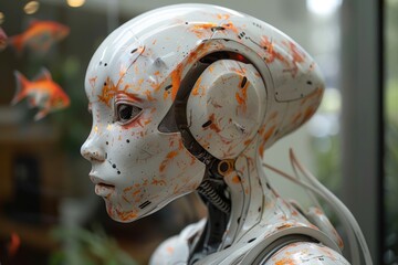 Profile portrait of an AI robot with goldfish in the background