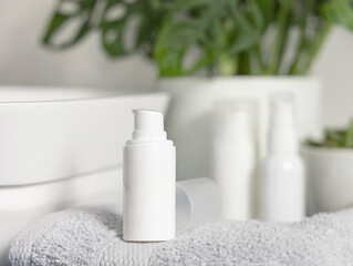 White one pump cosmetic bottle on grey folded towel near basin and green monstera, mockup