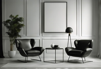 aesthetic black white creating side armchair interior leather render room 3d mockup marble minimalist monochromatic empty Frame table modern Similar Keywords