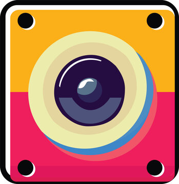 Retro style flat icon of a camera inside a vibrant colorful square. The camera has a purple lens and a rectangular body.