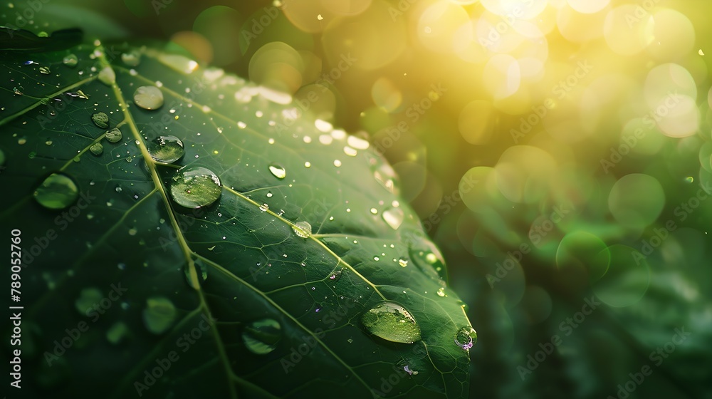 Poster large beautiful drops of transparent rain water on a green leaf macro drops of dew in the morning gl