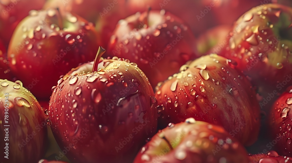 Poster many red ripe apples closeup with water drops : generative ai