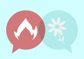 Fire and Flower speech bubble sign. Problem resolve control. Metaphor mind mental. Split personality. Concept Psychology. Dual personality mind. Mental health.