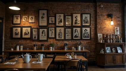 A boutique café's brick wall, embellished with local artists' paintings and vintage, framed coffee advertisements Generative AI - obrazy, fototapety, plakaty