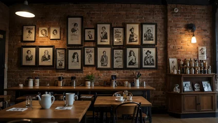 Foto op Canvas A boutique café's brick wall, embellished with local artists' paintings and vintage, framed coffee advertisements Generative AI © Haroon