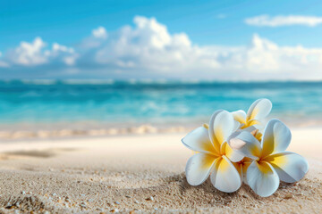 Fototapeta na wymiar white and yellow plumeria flowers on the sand of an exotic beach