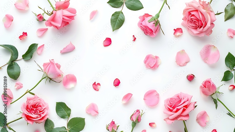 Poster frame with pink roses branches leaves and petals isolated on white background flat lay overhead view