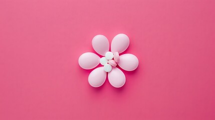 Flat lay image of pills in the shape of a flower on magenta pink background : Generative AI